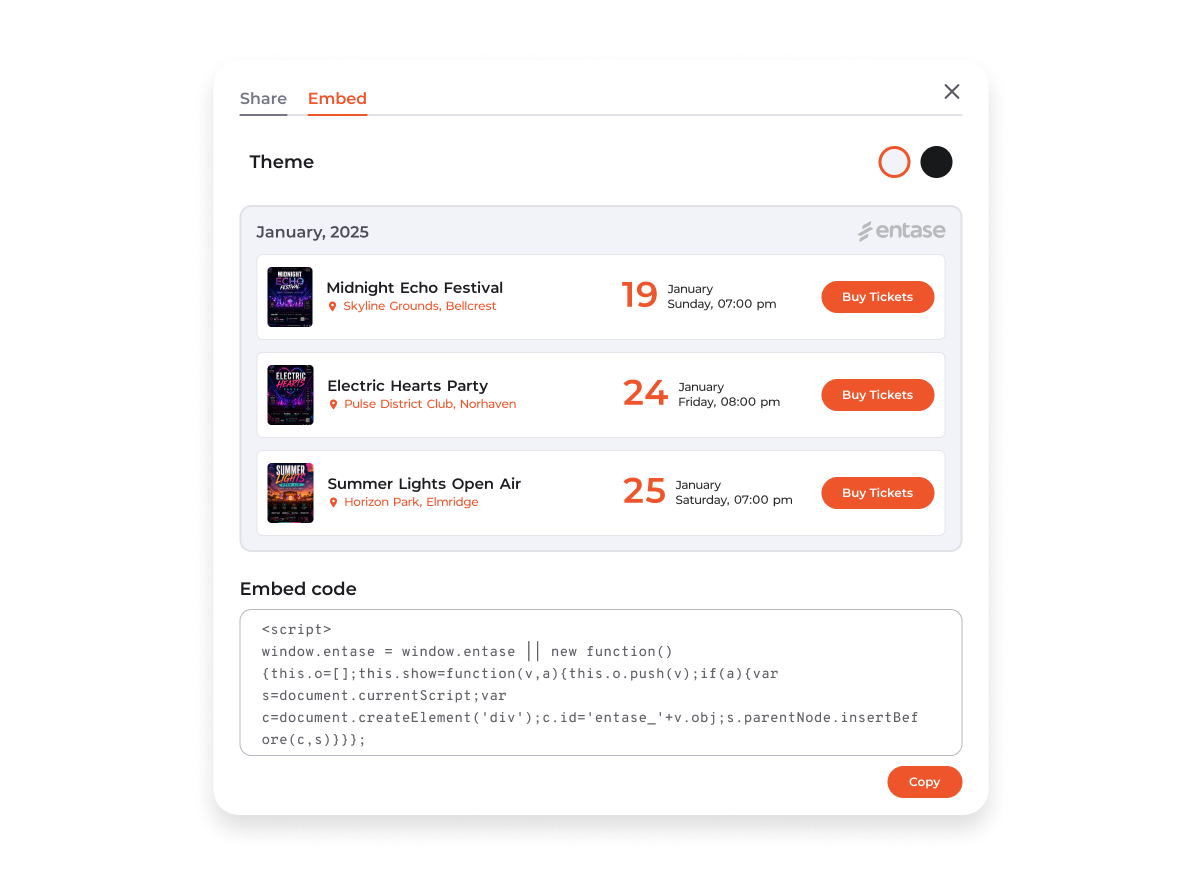Entase embedded into an organizer website