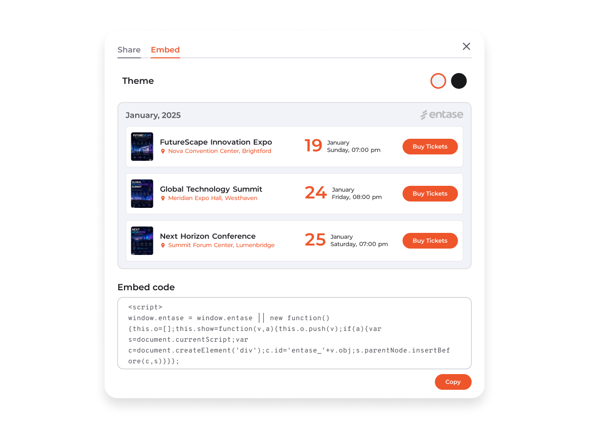 Entase embedded into a festival website