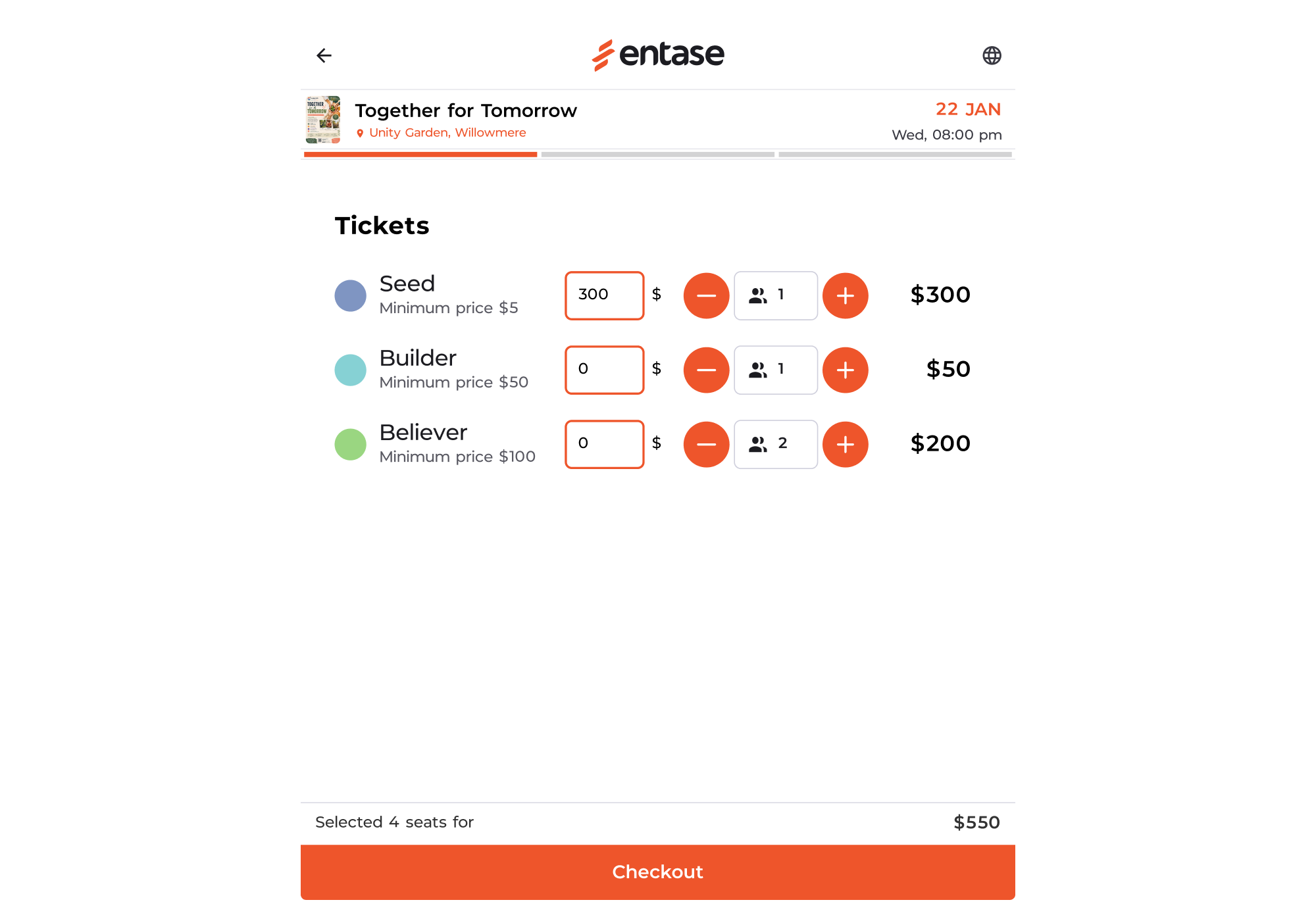 Online checkout for a fundraising event