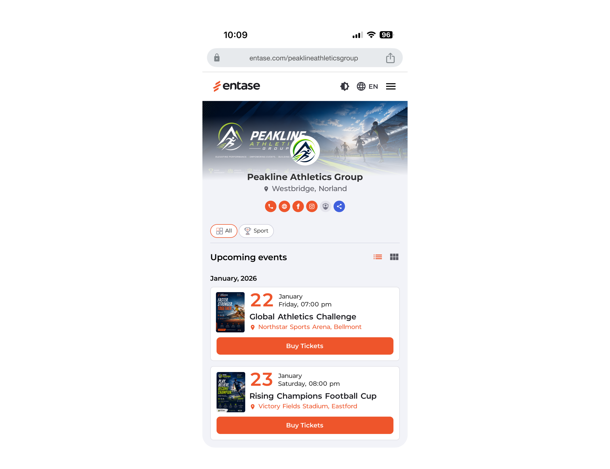 A tournament hub page hosted on Entase