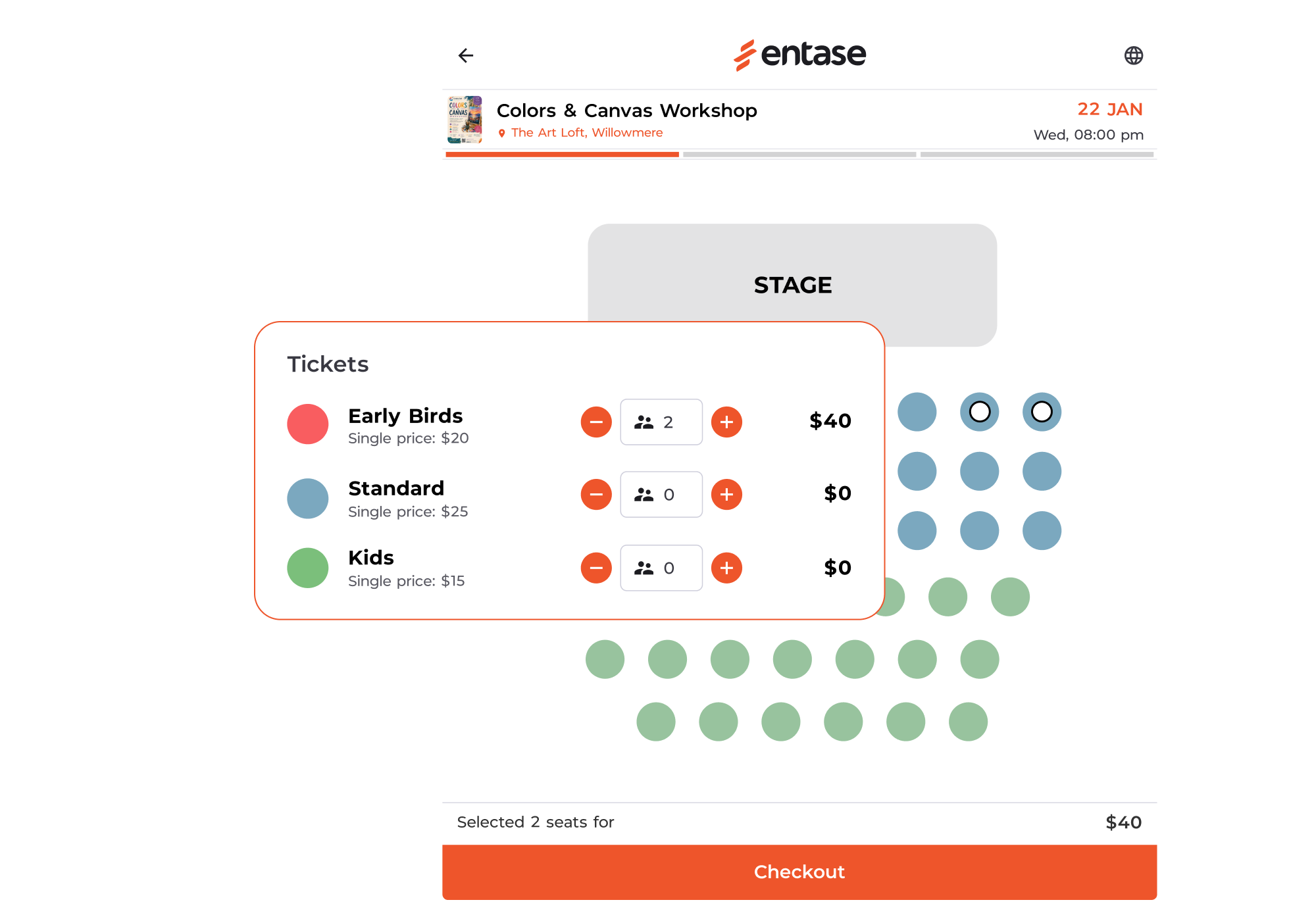Seat and ticket type selection for a seminar