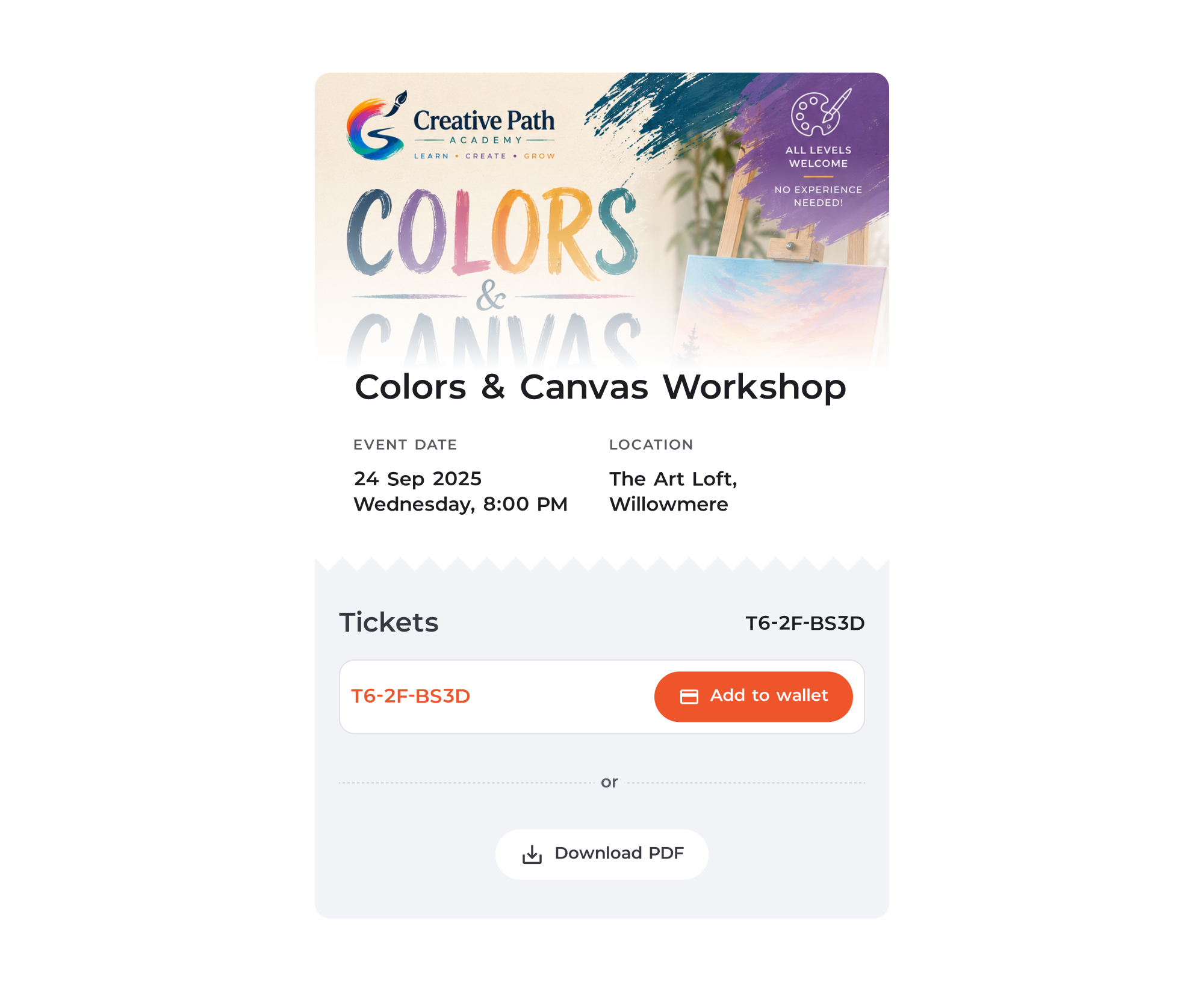 A digital ticket for a workshop
